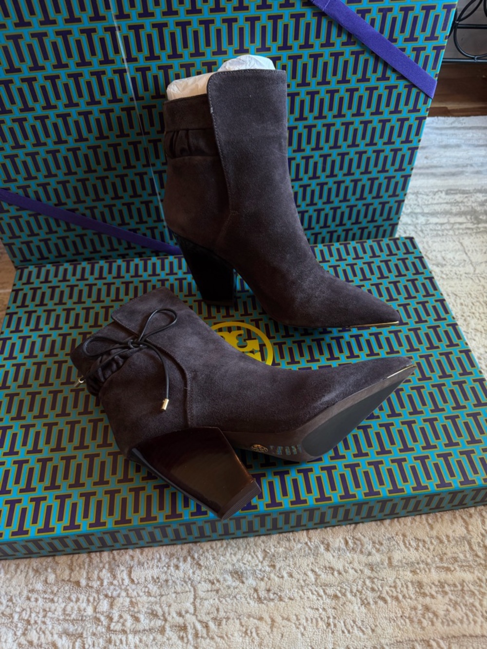 Tory Burch Lila Dark Gray Suede Pointed Toe Ankle Bootie